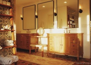 Spanish modern bath - Double sink vanity with makeup bench